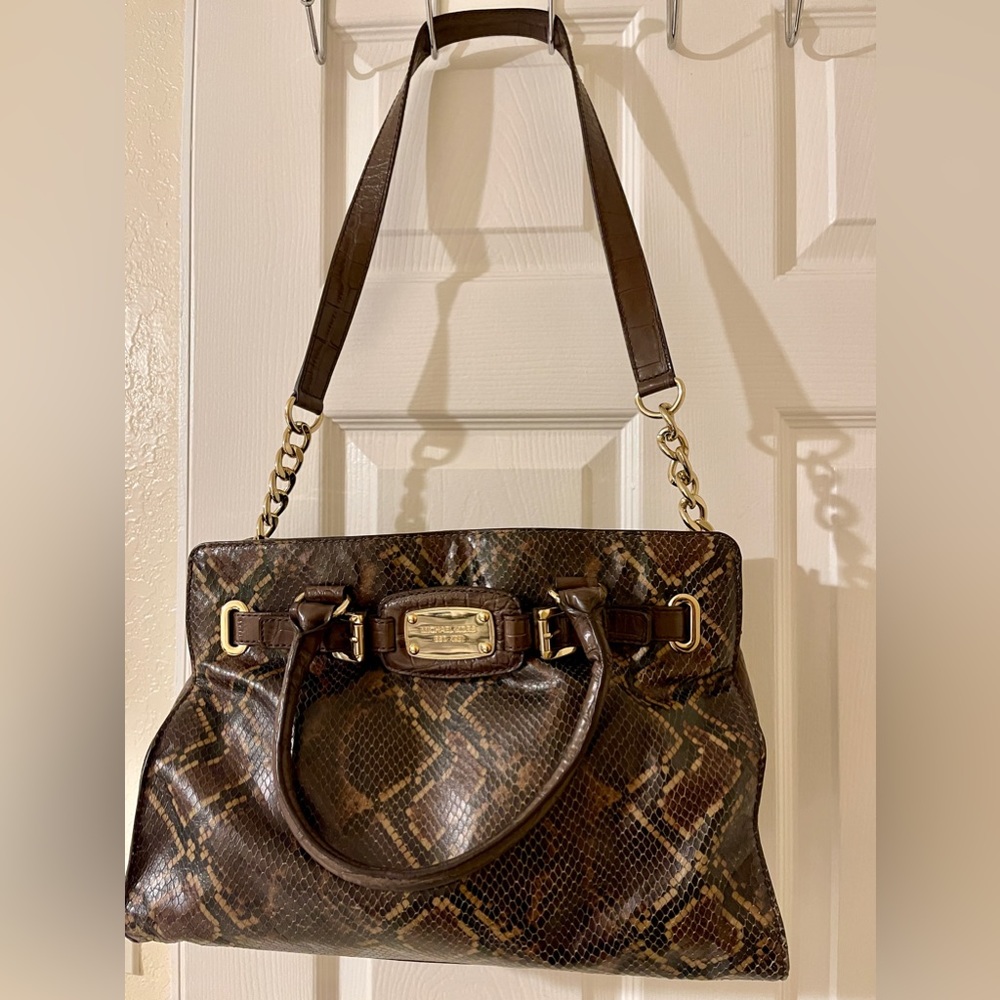 Michael Kors Hamilton Satchel Bag Snakeskin Embossed Leather Brown Purse